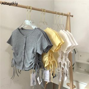 Women's T Shirts T-shirts Women Shirring Crop Tops Solid Sweet Simple Sexy Cool Streetwear Tender Girlish Ulzzang Mujer Clothes Fashion