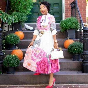 Etniska kläder vintage bow tie rosa skjorta klänning kvinnor 2021 elegant tryck långärmad veckad lady höst modefest födelsedag d296t