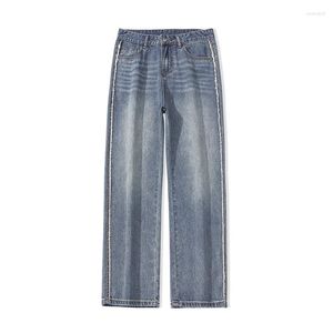 Męskie dżinsy workowate mężczyźni spodnie szerokie nogi spodnie luźne fit streetwear swobodny 2023 Autumn Kpop Blue Clothing Side Side Side