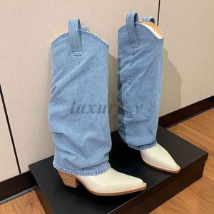 Cowboy Boots Women Leather Boots Designer Cowgirl Motorcykel R13 First Layer Denim Western Booties Point Toe broderad riddare