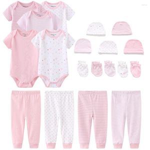 Kleidungssets Neugeborenes Baby Mädchen Kleidung Set Kurzarm Strampler Lange Hose Hut Handschuhe Für Jungen Mädchen Einfarbig Sterne Lässiges Kinder Outfit 0-12M