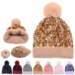 Inverno mais lantejoulas de veludo chapéus de malha para mulheres chapéu de gorro unissex elástico tampa de hip hop tampa de hip hop macio bonnet 920