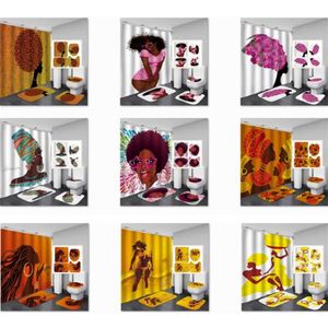 Modevattentät duschgardin Kvinnor Badrum Set African American Girl Non Slip Bath Rug Set Toalett Cover Bath Mat med Hook261D