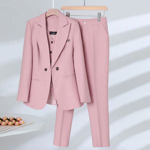 Womens Two Piece Pants Women Formal Pants Suits Spring Autumn Navy Blazer Vest and Trousers Pink Business Work Career Wear Office Ladies 3 Pieces Set 230920