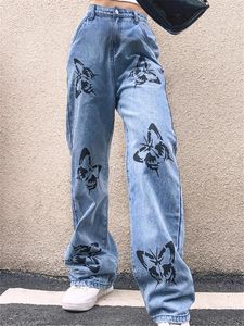 Frauen Jeans Harajuku Schmetterling Druck Vintage Ästhetische Baggy Gerade Hosen Grunge Casual Outfits Hosen Streetwear Y2k 2023