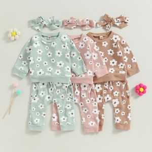 Kläder sätter höst spädbarn baby flicka höstkläder set blomma tryck långärmad toppar byxor båge pannband outfit kostym 230919