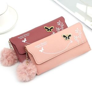 Wallets Butterfly Designer Women Long PU Leather Money Bag Solid Wool Ball Bow Clutch Large Capacity Card Coin Purse
