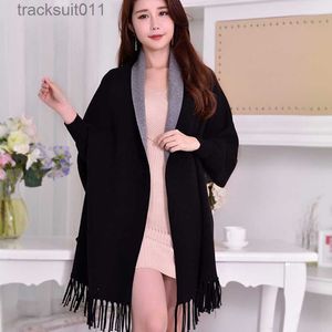 Women's Cape Winter Reversible Black Sleeve Poncho for Women Warm Scarf Stoles Thicken Pashmina Shawls and Wraps Tassel Wearable Poncho Capes L230920