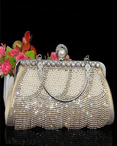 Women Party Wedding Party Gold Evening Clutch Bag Luksusowy diamentowy kryształowy frędzel Pearl Elegancka mini torebka ZD20741962475