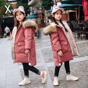 Down Coat Girl Winter Parkas Teen junge Mädchen warmes Mantel Outerwear Teenage Outfit Kinder Mädchen Fell Kapuze -Jacke für 5 8 10 12 Jahre 230919