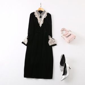 2023 Autumn Black Contrast Color Panelled Dress Long Sleeve Stand Collar Knee-Length Casual Dresses A3S150826-08