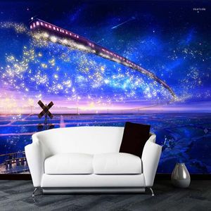 Wallpapers 3d dos desenhos animados murais para crianças quarto estrelado céu azul muralstv sofá fundo parede trem teto papel de parede