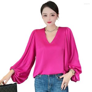 Kadınlar bluzları Kore moda seksi ekstra büyük fener kollu asetate saten uzun kollu gömlek bahar ve sonbahar şık stil sokak kıyafetleri