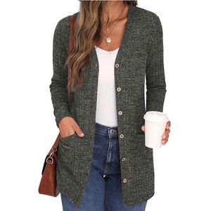 Veste femme tendance Streetwear poches côtelées simple boutonnage Cardigan automne solide col en V à manches longues tunique ample vêtements d'extérieur manteau 230919