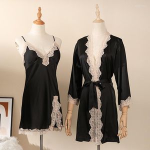 Mulheres sleepwear duas peças cetim robe vestido define mulheres confortáveis v pescoço casual laço preto homewear