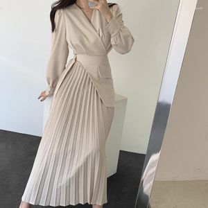 Vestidos casuais mulheres elegante blazer plissado comprimento irregular com botão trabalho desgaste escritório ldies modesto moda feminina outono 2023