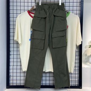 Rel Pics Multi-pockets Straight Flare Pants Mens High Street Elastic Waist Solid Loose Casual Cargo Hip Hop Baggy Trousers297y