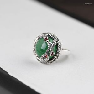 Cluster Rings JADE ANGEL 925 Sterling Silver Vintage Thai Index Finger Ring Carved Female Fashion Inlaid Green Agate