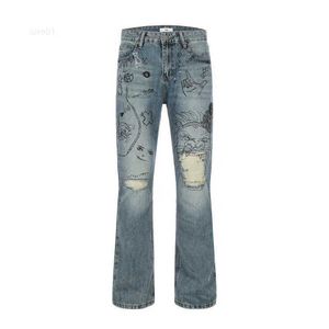 Gaojie Chaopai Heavy Industry Hand-painted Graffiti Knee Tears Washed Old Micro Horn Jeansqybr