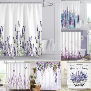 Cortinas de chuveiro Cortina de chuveiro de lavanda com ganchos Tecido de poliéster à prova d'água Roxo Floral Planta Banheiro Cortinas de banheira para banheira de banheiro 230919