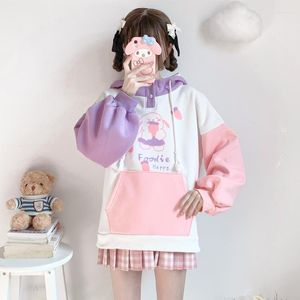Women's Hoodies Korean Fashion Patchwork Long Sleeve Teen Girls Cute Cartoon Printed School Color Matching Female Hooded Pullover Tops