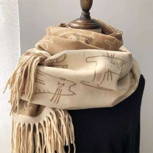 Новинка 2023 года, утолщенный шарф с кисточками, женский кашемировый платок с принтом кошки, осенне-зимний теплый воротник