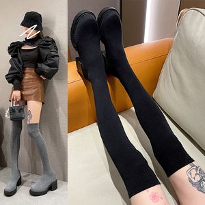 Boots Long women boots Knitting Sock Pointed Toe Elastic Slim Female Thigh High Flat Botas De Mujer Shoes 230920