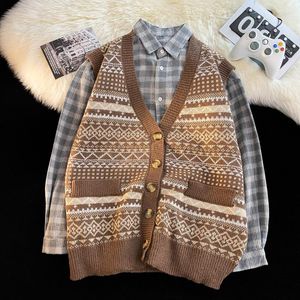 Men's Vests V-neck Vest Autumn Winter Loose Buttons Sweater Outer Wear Knitted Sleeveless Single-breasted Casual Tops