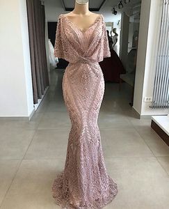Zakurzone różowe arabskie sukienki wieczorowe noś vintage pełna koronkowa v szyja syrena kryształowe koraliki balowe sukienka formalna impreza druga sukienki odbioru