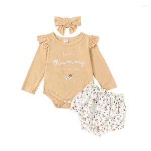 Set di abbigliamento Neonata con volant Tuta a maniche lunghe Pagliaccetto Top Pantaloncini floreali Set con fascia 3 pezzi di vestiti