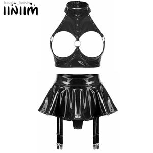 Sexy Set Porn Lingerie Set Woman Garter Patent Leather Wire-free Open Cup Sexy Bra Top with Ruffle Built-in Thongs Garter Belt Mini Skirt L230920