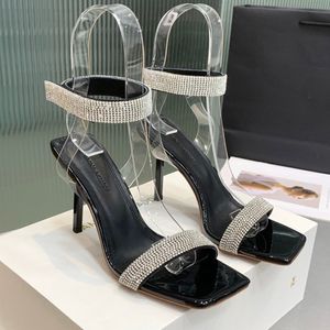Amina Muaddi neueste Rhinestone-Kette Stiletto-Absatz Square Toe Lipper 11 cm Damen Deigners Sandale Top-Qualität sexy Abendparty Bridemaid