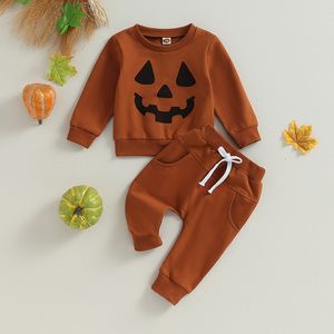 Комплекты одежды 0611 Lioraitiin 03 года, осенние наряды для маленьких мальчиков, толстовки с принтом тыквы, длинные штаны, комплект одежды на Хэллоуин из 2 предметов 230919