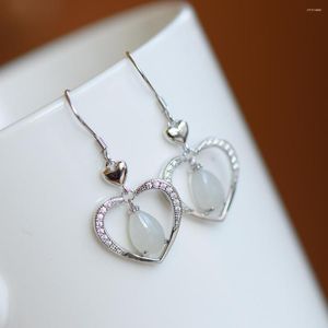 Dangle Earrings 2244# Sweet Lady Women HETIAN Heart Water Drop White Jade S925 Pure Silver Natural Nephrite Cheongsam