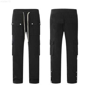 High Street Wash Multi Pocket Trouser Hem Split Drawstring Decoration Casual Work Pants Straight Barrel Button Pantslmcr