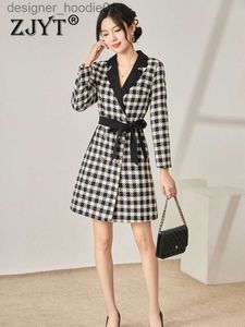 Kvinnors ullblandningar Zjyt Autumn Winter Plaid Tweed Woolen Jacket för kvinnor 2023 Fashion Wool Blend Coat Belt Vintage Ytterkläder Veste Femme L230920