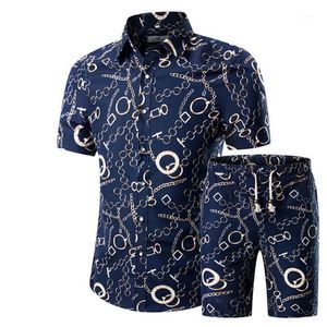男性シャツショーツセットセット新しい夏のカジュアルプリントハワイアンシャツhomme短い男性印刷ドレススーツセットプラスサイズ1271L