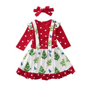 Conjuntos de roupas conjunto infantil meninas bebê natal dot manga longa macacão árvore de natal suspender saia com headband outfits 230919