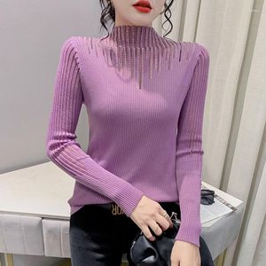 Women's Sweaters Fall Winter Korean Clothes Knitted Chic Sexy Mock Neck Patchwork Mesh Diamonds Women Pullover Bottoming Shirt Tops 1099