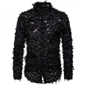 Sexy Black Feather Lace Shirt Men 2020 Fashion Brand Nightclub Singer Mens Dress Shirts Event Party Prom Camisa Social Masculina297j