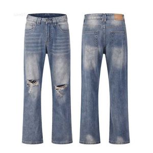 High Street Fashion Märke slips färgämne tvätt knä hål rakt rör avslappnad mikro flare jeans0oqa