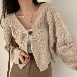 Damskie dzianiny koszulki vintage solidne grube vneck luźne sweter sweter kobiet jesienne zimowe długie rękaw szydełko szydełko samice ciepły płaszcz 230920