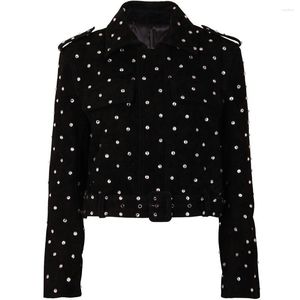 Women's Leather YOLOAgain 2023 Autumn Shiny Beading Black Suede Jacket Women Real Ladies