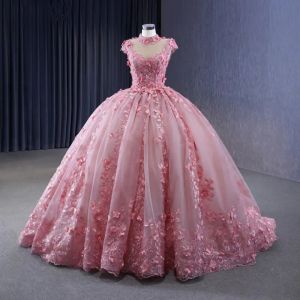 2023 Princesa Quinceanera Vestidos 3D Floral Lace Applique Tule Alto Pescoço Sem Mangas Até O Chão Espartilho Voltar Sweet 16 Party Prom Ball Evening Vestidos