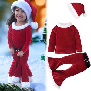 Kläder sätter barnflickor julkläder för barn Santa Claus Costume Långärmad toppbyxor hattar 3st Set Year Party 230919