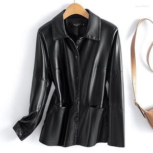 Women's Leather Pu Women Short Spring And Autumn Korean Fashion Commuting Jacket Lapel Single Breasted Long Sleeves M-6XL