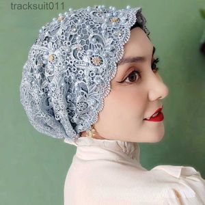 Cape pour femmes perles Turban musulman casquettes dentelle couvre-chef islamique Wrap tête Turbante Bonnets d'été pour les femmes broderie fleur Hijab église chapeau L230920