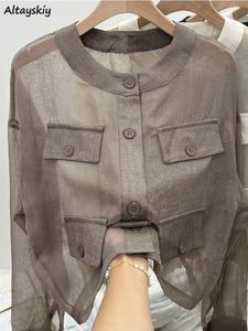 Kadın ceketleri şeffaf ceketler kadınlar kırpılmış ince yaz tarzı güneş kremi ofis bayan vintage serin paltolar nazik uzun kollu harajuku 230920