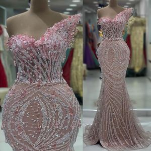 2023 ASO EBI Arabiska rosa sjöjungfru Prom Dress Crystals pärlor Kväll Formell parti andra mottagning födelsedag engagemang klänningar klänningar mantel de soiree zj371