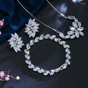 Necklace Earrings Set ThreeGraces 3pcs Sparkling Marquise Cubic Zirconia Fashion Party And Bracelet For Women JS634